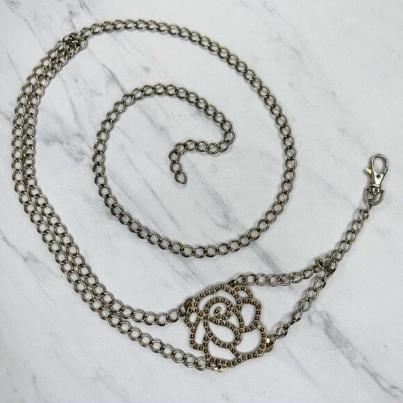 Rhinestone Flower Gold Tone Metal Chain Link Belt OS One Size - Picture 4 of 13